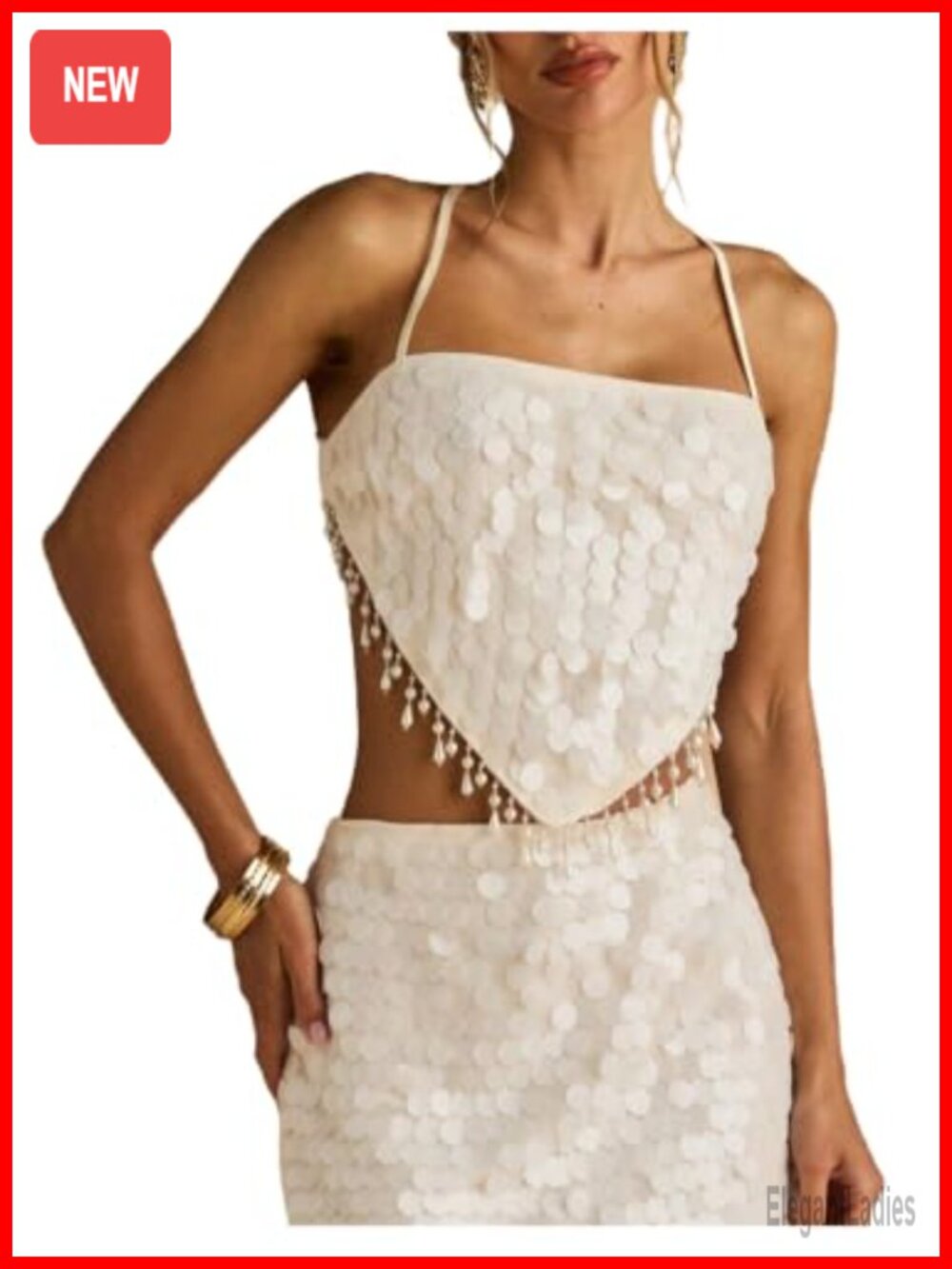 Sequin Beaded Fringe Halter Crop Top Backless Tie Back Sparkly Camisole